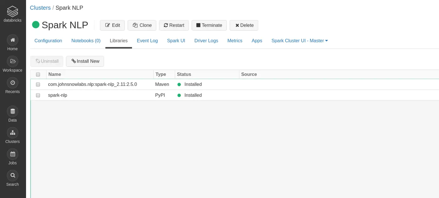 Screenshot of setting up Spark NLP cluster on Databricks.